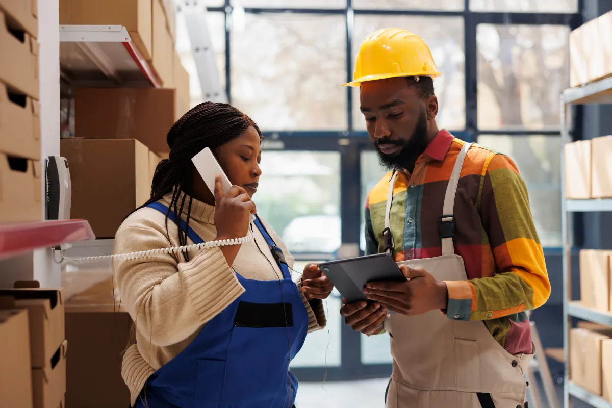 Shop owners checking an order together