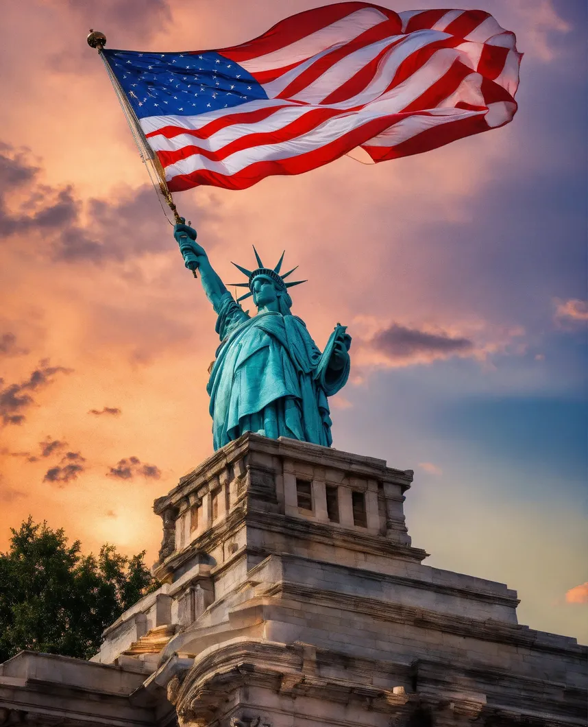 Statue of Liberty with the American flag